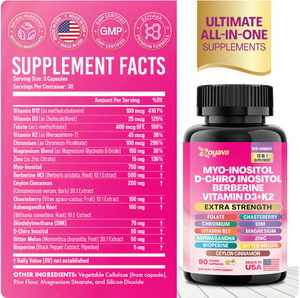 Suplemento para las hormonas-Myo-Inositol + D-Chiro Inositol + Berberina + Vitamina D3 + K2 – 90 Cápsulas